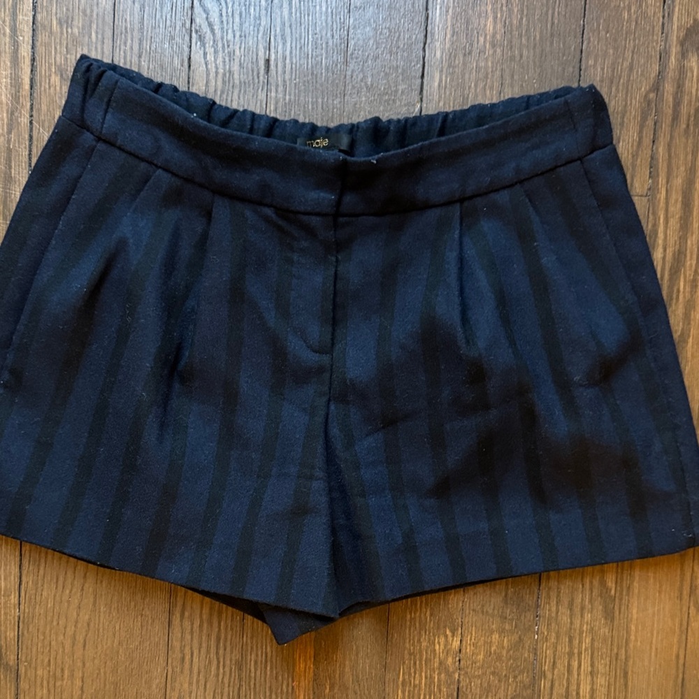 Maje Black and Navy Striped Women's Wool Shorts